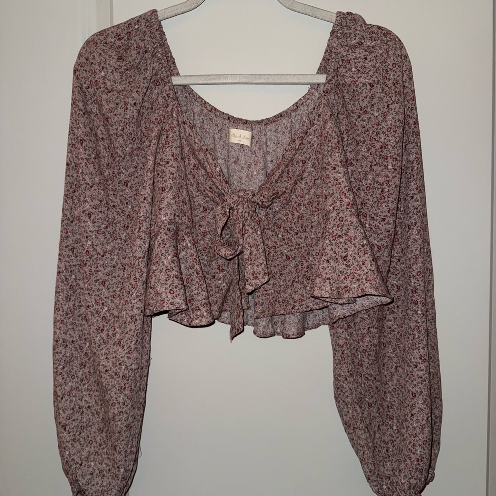 Altar'd State Pink Long Sleeve Crop Blouse with Tie Front